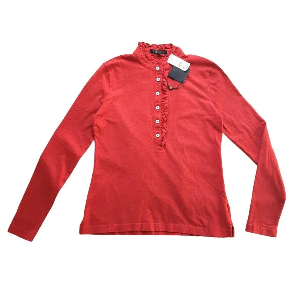 Brooks Brothers Supima Soft Blouse Ruffled Red Neck Top in Size Small